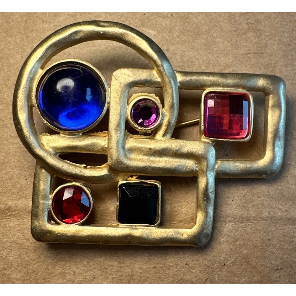VTG Hammered Satin Gold Tone Geometric Abstractâ Brooche Multicolor Stone Glass